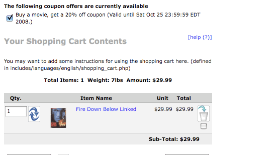 Zen Cart Shopping Cart Page displaying AutoCoupons