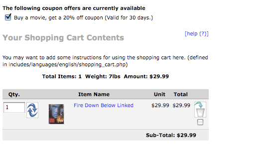 Zen Cart Shopping Cart Page displaying AutoCoupons