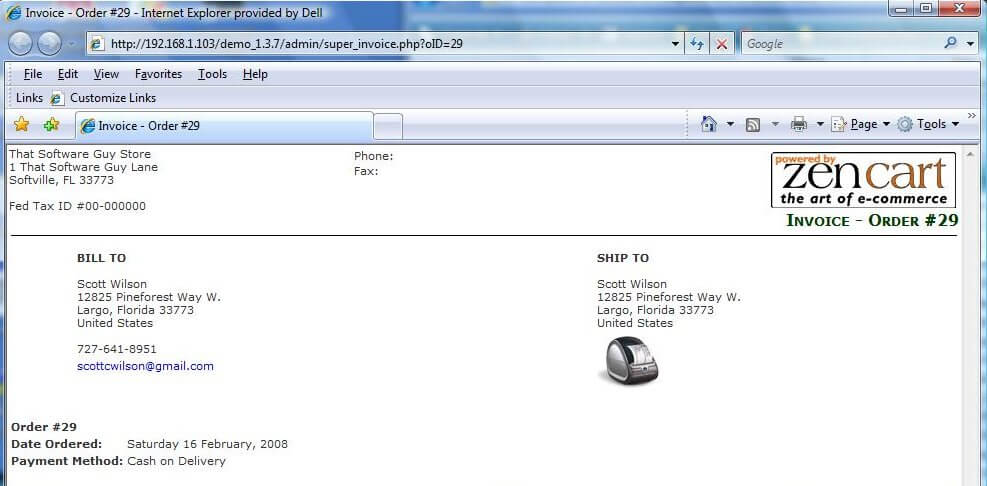 Super Invoice page showing Dymo Printer in IE
