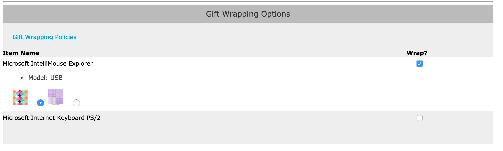 Zen Cart Shipping page image descriptions of wrap styles
