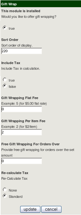 Zen Cart Configuration of Giftwrap pricing 