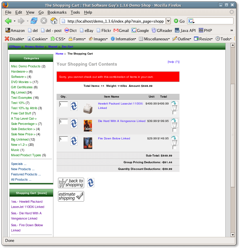 Zen Cart Shopping cart page that has failed validation