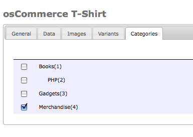 osCommerce Admin Page for Products Categories