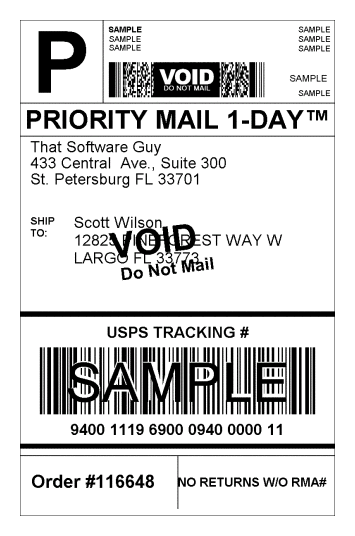 USPS Label produced by RocketShipIt for a Zen Cart order