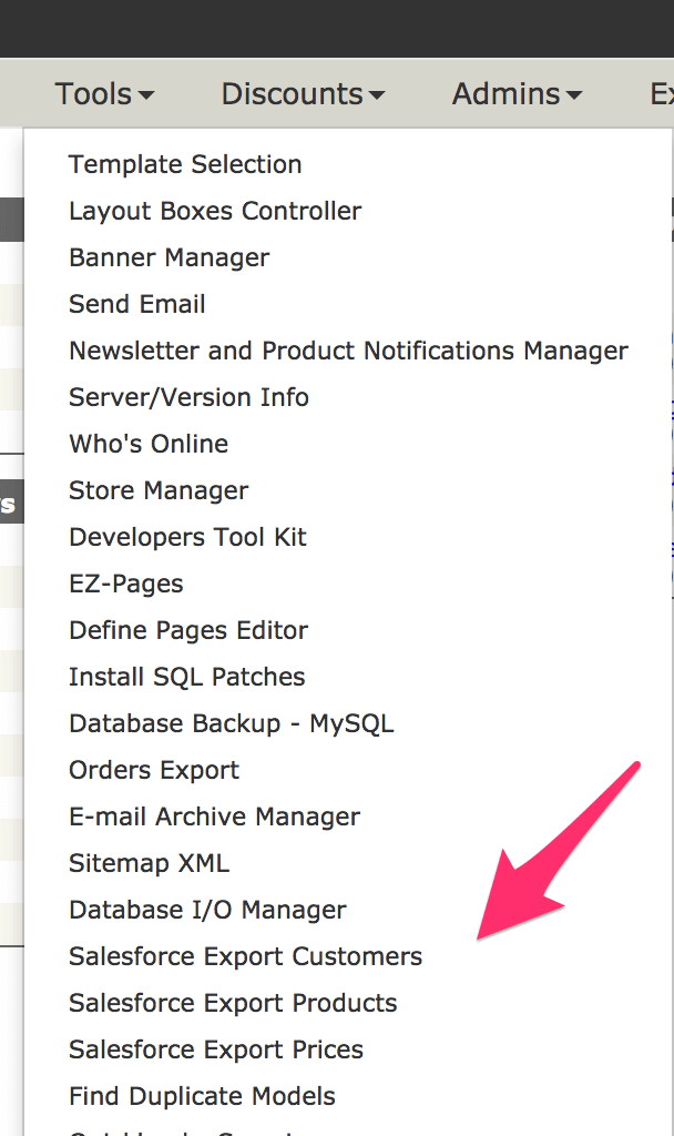 Zen Cart Tools menu showing Salesforce options